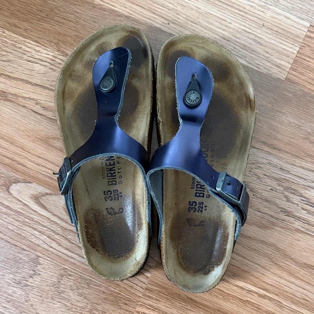 Birkenstock Gizeh Metallic Navy Blue Leather Thong Sandals